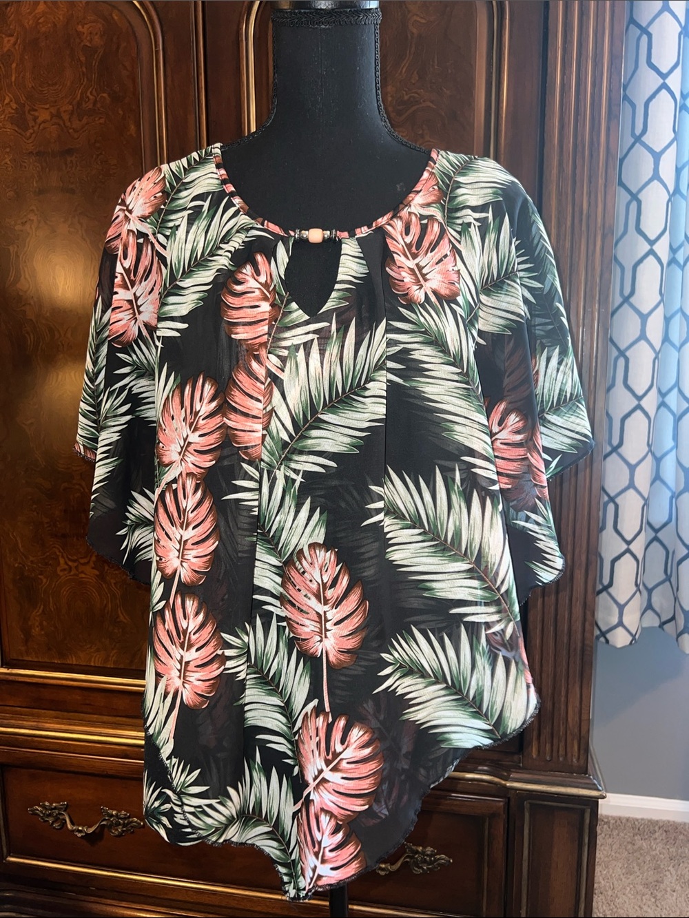 Notations Black Tropical Leaf Print Overlay Blouse with Coral Accents
